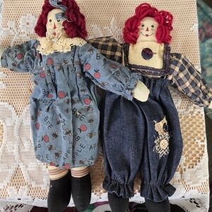 Vintage primitive Raggedy Ann and Andy folk art dolls 11 inch